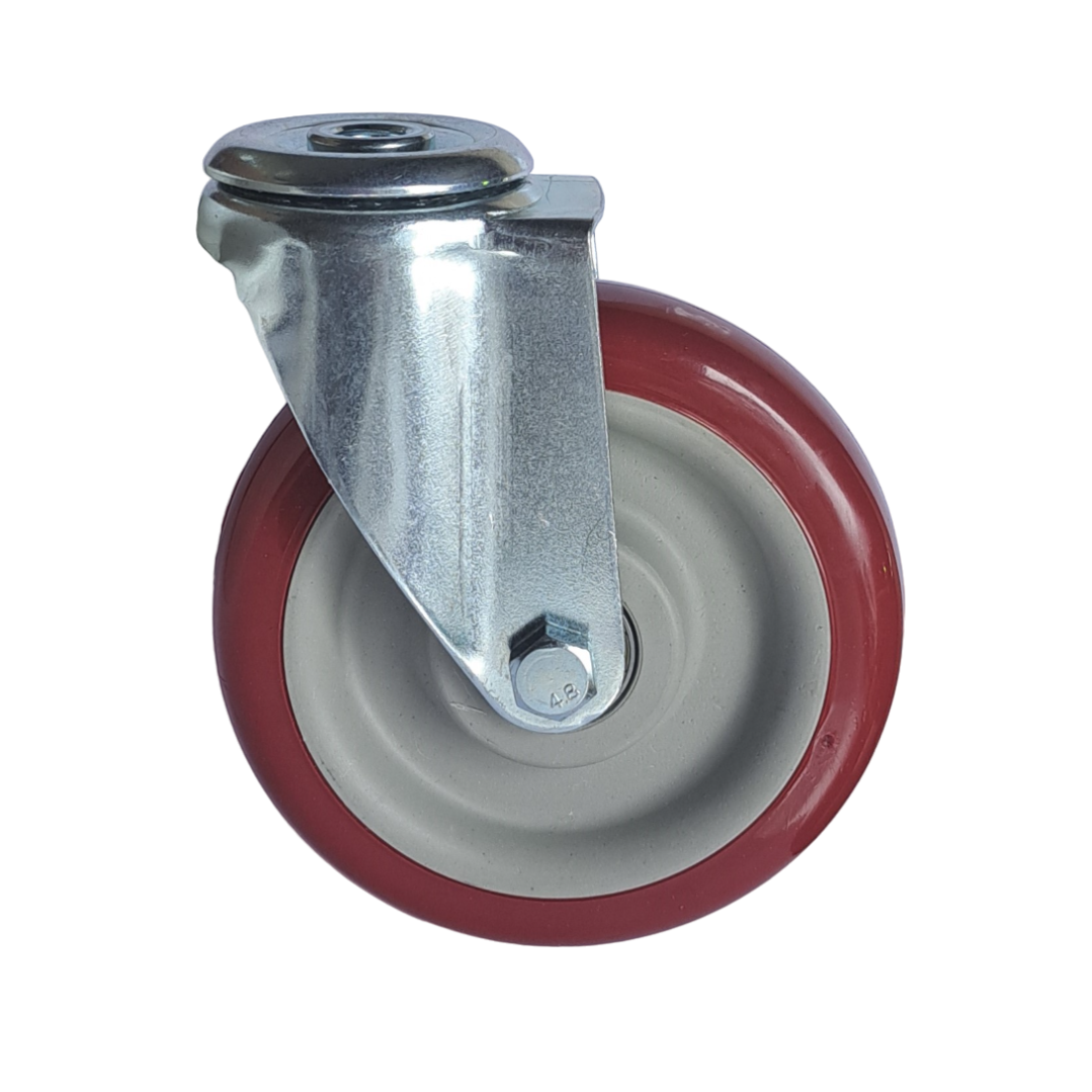 100kg Rated Red Urethane Castor - 4" 100mm - Swivel Bolt Hole