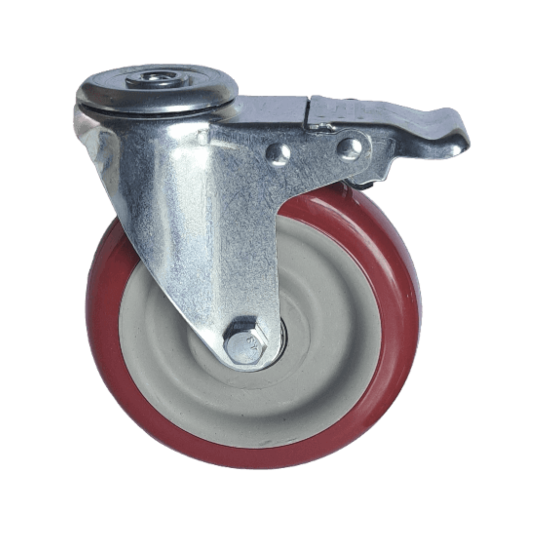 120kg Rated Red Urethane Castor - 5" 125mm - Swivel Bolt Hole with Brake
