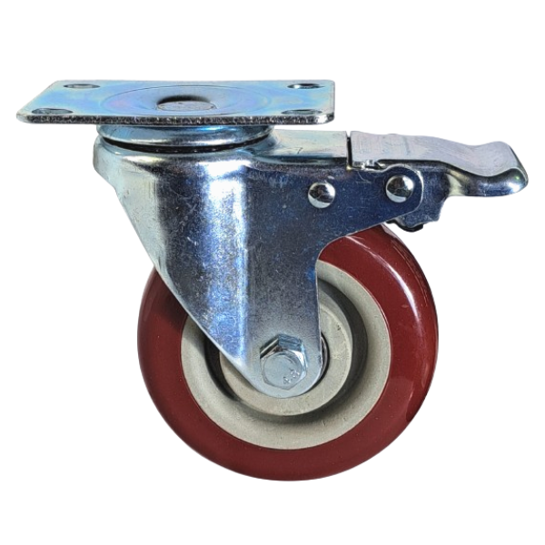 100kg Rated Red Urethane Castor - 4" 100mm - Swivel Plate with Brake