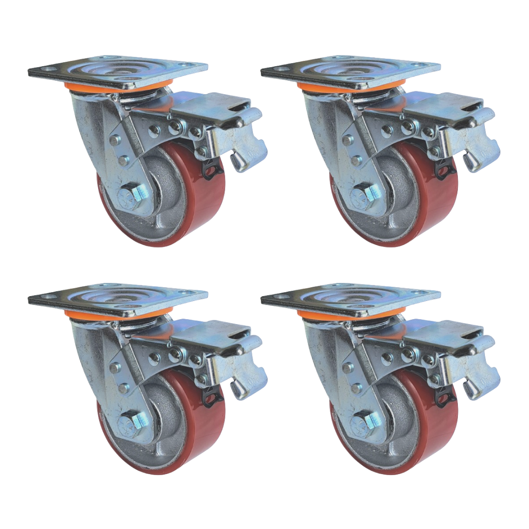 1200kg Rated, 4"/100mm Heavy Duty Swivel Brake Castors with PU/CI wheel (Set of 4pcs)