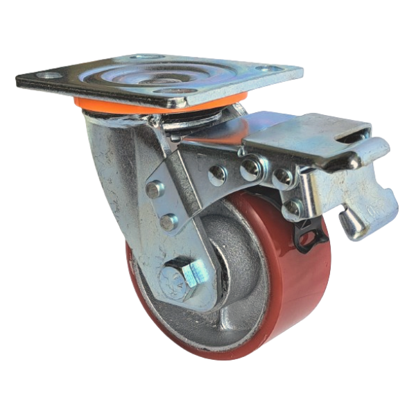 300kg Rated Urethane/Iron Castor - 4" 100mm - Swivel Plate with Brake