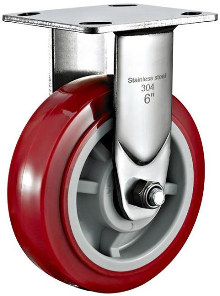 350kg Rated Stainless Steel Urethane Castor - 6" 150mm - Fixed Plate