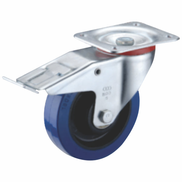 150kg Rated Blue Rubber Castor - 100mm - Swivel with Brake