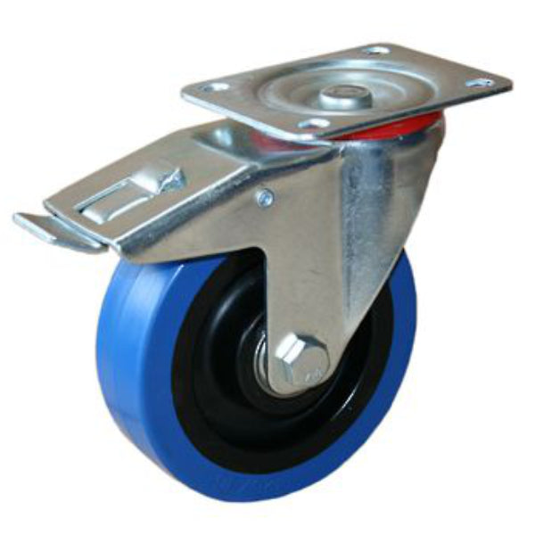 200kg Rated Blue Rubber Castor - 125mm - Swivel with Brake