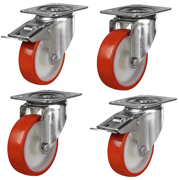 600kg Rated, 5"/125mm Swivel Castors with Red Urethane Wheel (Set of 4pcs)