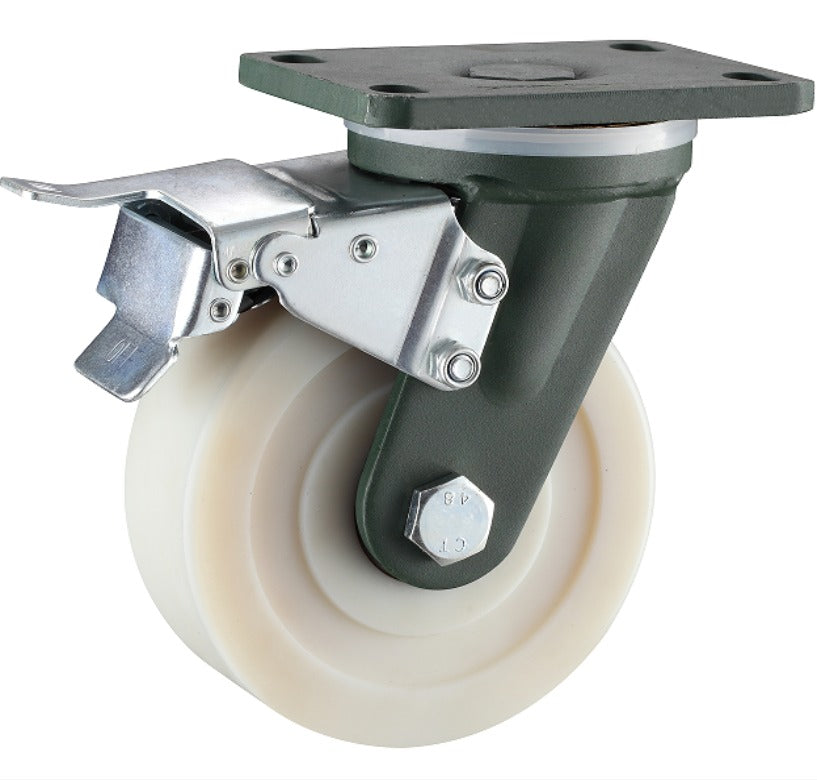 Caster wheel with brake mechanism on a white background