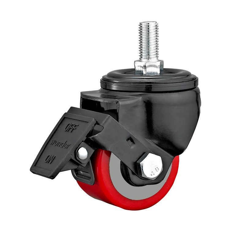 Black caster wheel with red tire on a white background