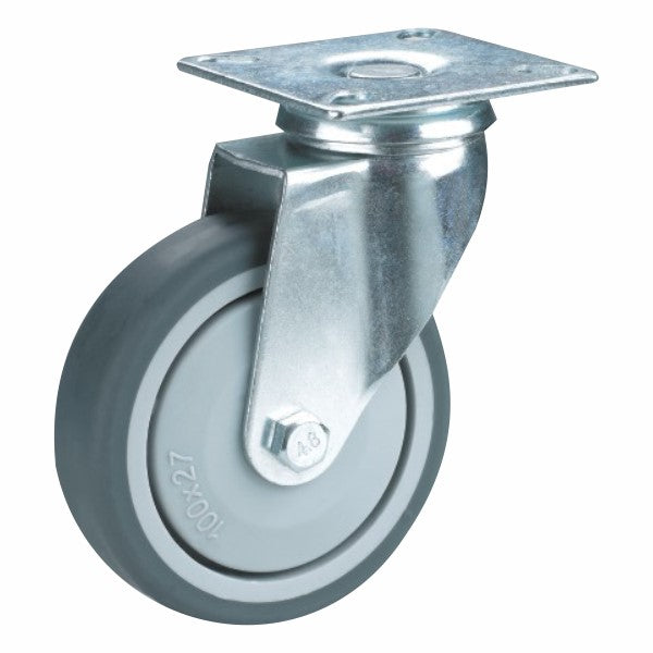 80kg Rated Rubber Castor - 4" 100mm - Swivel Plate