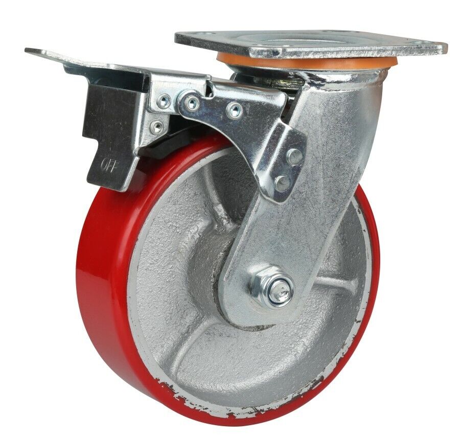350kg Rated Urethane/Iron Castor - 5" 125mm - Swivel Plate with Brake