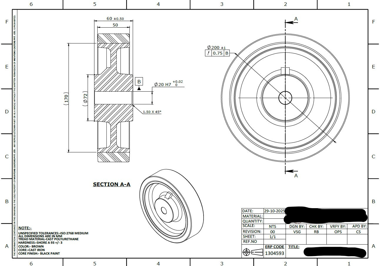 1000kg 8"x2" 200mm Urethane on Cast Iron Wheel - Drive Wheel