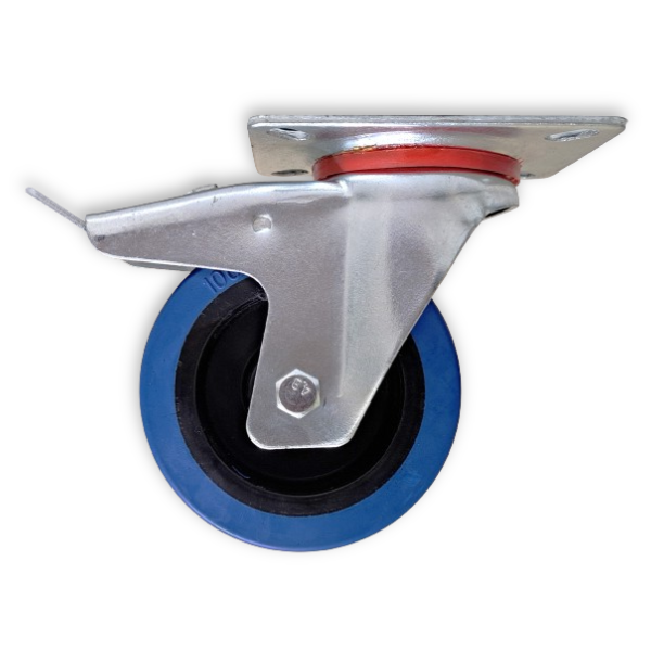 150kg Rated Blue Rubber Castor - 100mm - Swivel with Brake