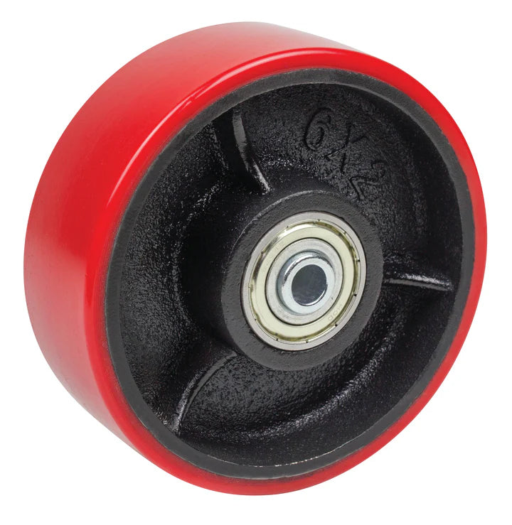 Red wheel with black tire and visible bearing on a white background