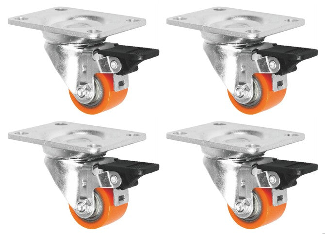 400kg Rated 35mm Swivel Braked Plate Low Profile Castors (Set of 4pcs)