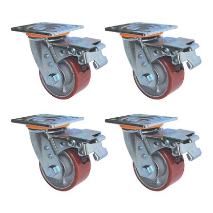 1200kg Rated, 4"/100mm Heavy Duty Swivel Brake Castors with PU/CI wheel (Set of 4pcs)