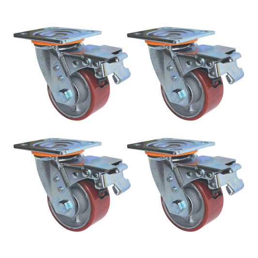 1200kg Rated, 4"/100mm Heavy Duty Swivel Brake Castors with PU/CI wheel (Set of 4pcs)