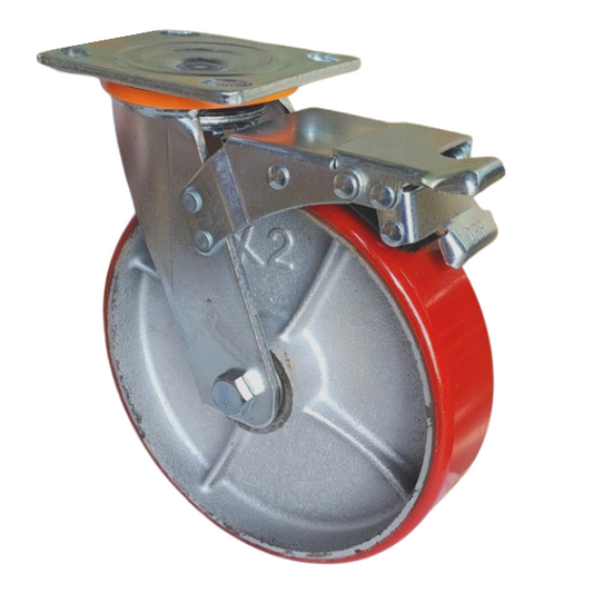 500kg Rated Urethane/Iron Castor - 8" 200mm - Swivel Plate with Brake