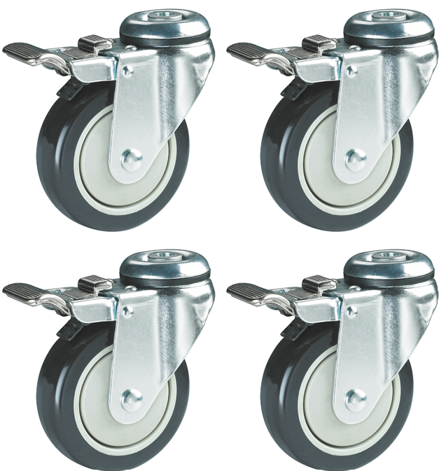 400kg Rated 3" 75mm Urethane Swivel Braked M12 Bolt Hole Castors (Set of 4pcs)