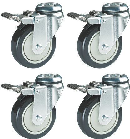 400kg Rated 3" 75mm Urethane Swivel Braked M12 Bolt Hole Castors (Set of 4pcs)