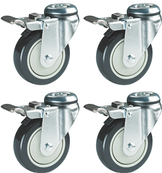 400kg Rated 3" 75mm Urethane Swivel Braked M12 Bolt Hole Castors (Set of 4pcs)