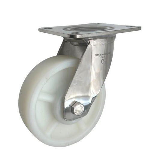 350kg Rated Stainless Steel Nylon Castor - 6" 150mm - Swivel Plate