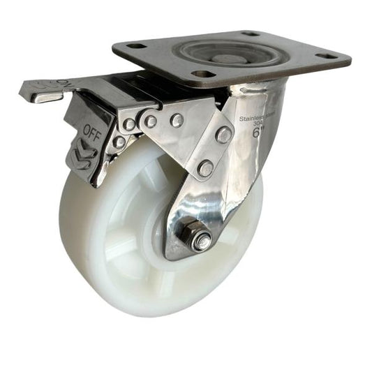 350kg Rated Stainless Steel Nylon Castor - 6" 150mm - Swivel Plate with Brake