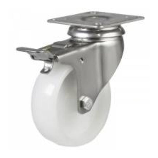 40kg Rated Nylon Stainless Steel Castor - 2" 50mm - Swivel Plate with Brake