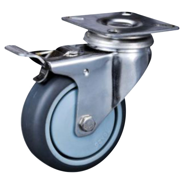 40kg Rated Rubber Stainless Steel Castor - 2" 50mm - Swivel Plate with Brake