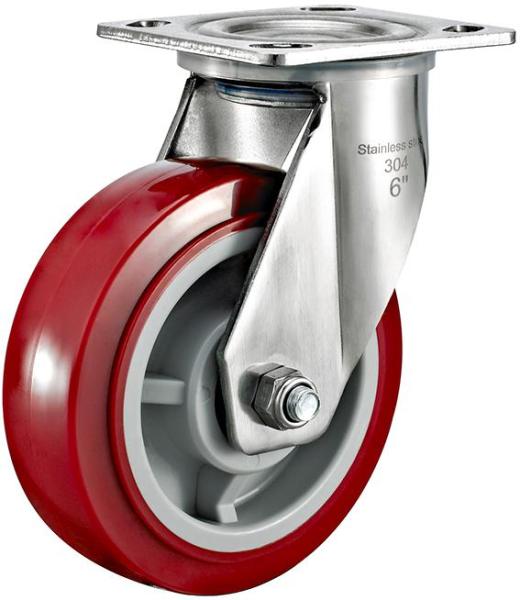 350kg Rated Stainless Steel Urethane Castor - 6" 150mm - Swivel Plate