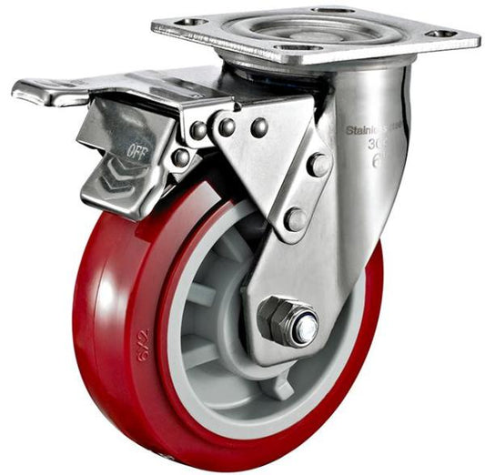 350kg Rated Stainless Steel Urethane Castor - 6" 150mm - Swivel Plate with Brake