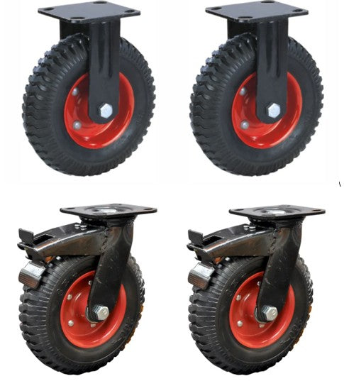 Four black wheels with red centers on a white background