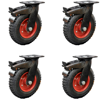 Four caster wheels with red interior and black exterior 