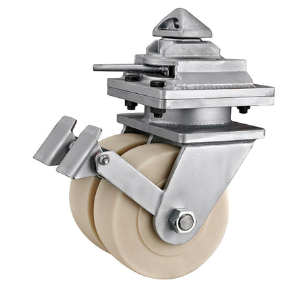 15,000kg (15T) Rated MC Nylon Container Castor - 300x120mm Twin Wheel - Swivel Plate with Brake