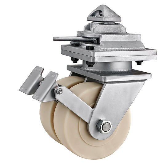 15,000kg (15T) Rated MC Nylon Container Castor - 300x120mm Twin Wheel - Swivel Plate with Brake
