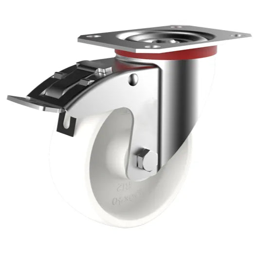 150kg Rated White Nylon Castor - 100mm - Swivel with Brake