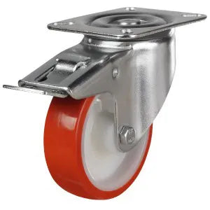 100kg Rated Red Urethane Castor - 80mm - Swivel with Brake