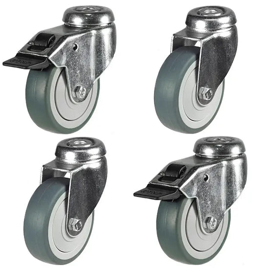 400kg Rated, 4" 100mm Swivel Bolt Hole Brake Castors with Rubber Wheel (Set of 4pcs)