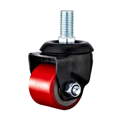 Red caster wheel with black base and metal screw on a white background