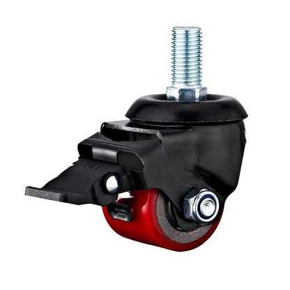 Black caster wheel with red wheel and metal screw on a white background
