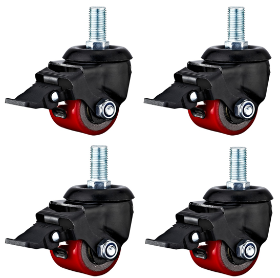 Four black and red caster wheels on a white background