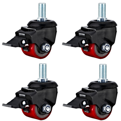 Four black and red caster wheels on a white background