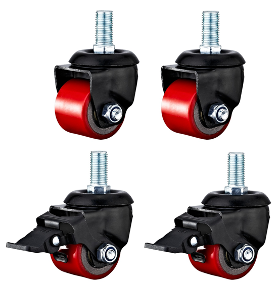 Four red caster wheels with black bases on a white background