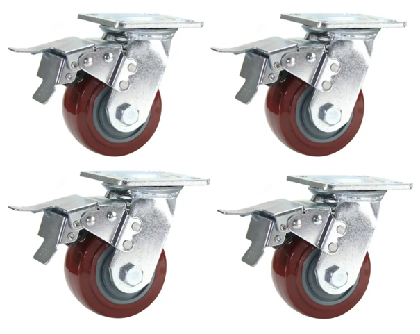 1080kg Rated, 4"/100mm Heavy Duty Swivel Brake Castors with Urethane wheel (Set of 4pcs)