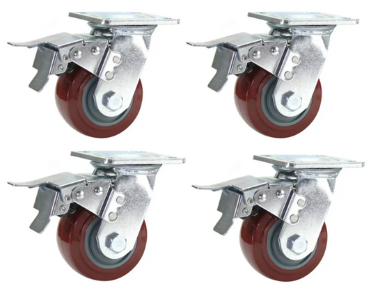 1080kg Rated, 4"/100mm Heavy Duty Swivel Brake Castors with Urethane wheel (Set of 4pcs)