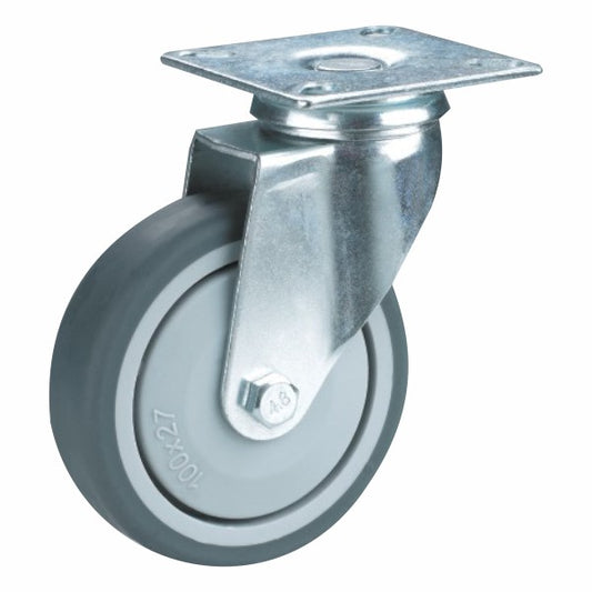 80kg Rated Rubber Castor - 4" 100mm - Swivel Plate