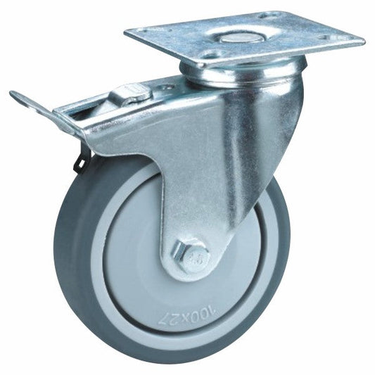 60kg Rated Rubber Castor - 3" 75mm - Swivel Plate with Brake