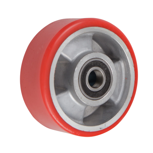 Red wheel with a metallic hub on a white background