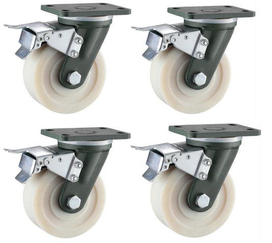 4000kg Rated, 4"/100mm Extra Heavy Duty Swivel Brake Castors with MC Nylon Wheel (Set of 4pcs)