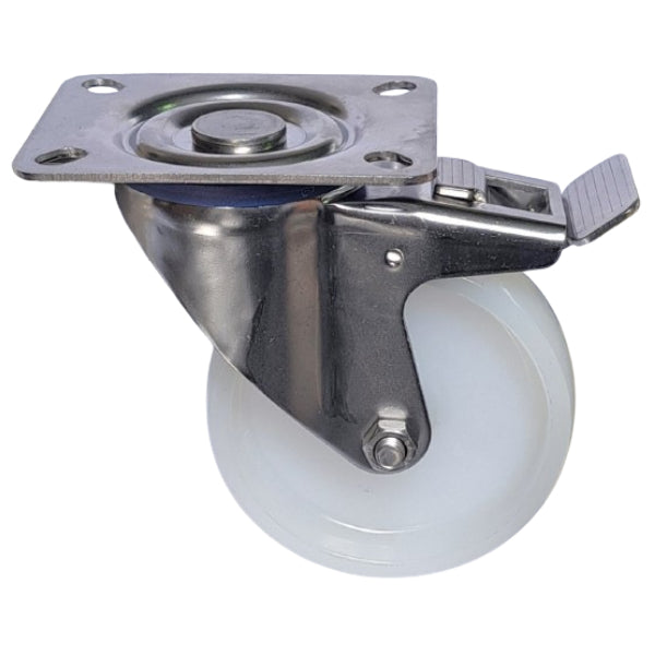 200kg Rated Stainless Steel Nylon Castor - 4" 100mm - Swivel Plate with Brake