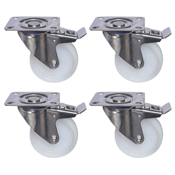 Stainless Steel 800kg Rated, 4" 100mm Swivel Brake Castor with Nylon Wheel (Set of 4pcs)