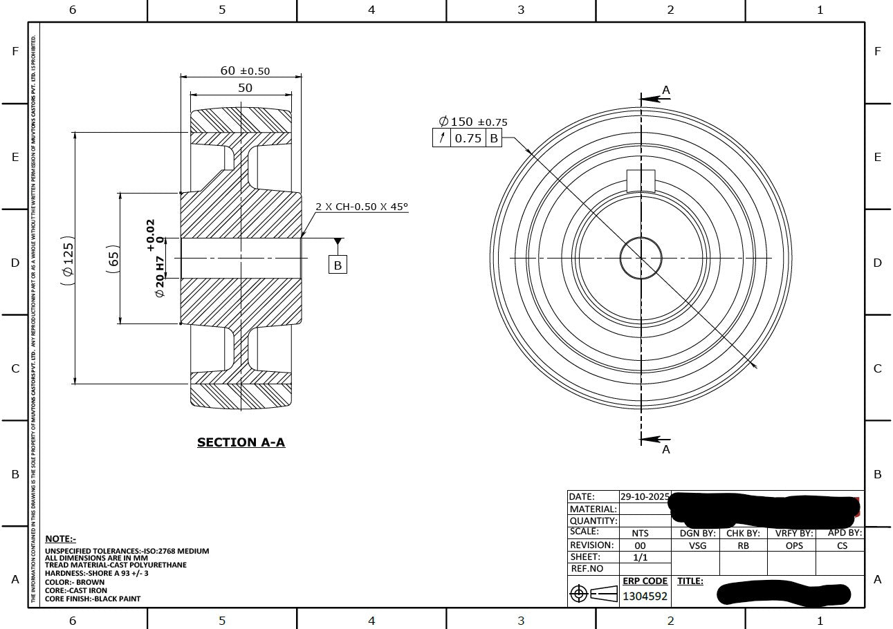 800kg 6"x2" 150mm Urethane on Cast Iron Wheel - Drive Wheel